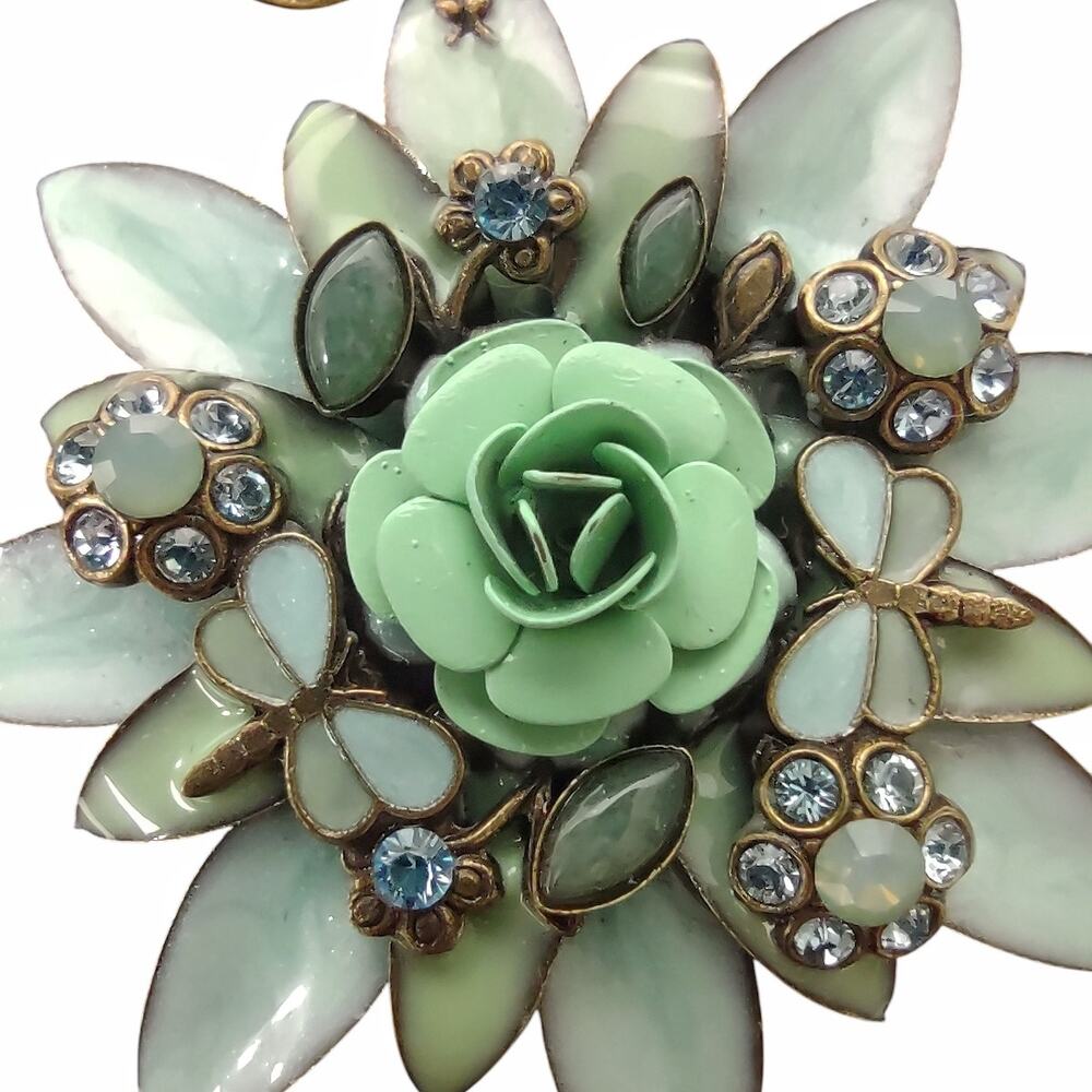 Floral & Dragonfly Brooch Enamel Encrusted Rhinestones Green Blue Flower Bee Pin - Picture 6 of 11